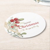 Red Berries Greenery Botanisches Weihnachtsfest Pa Runder Pappuntersetzer (Angewinkelt)