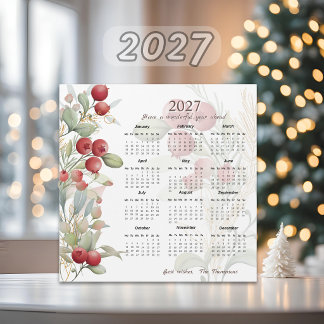 Red Berries Greenery Elegant 2027 Calendar Card Magnetkarte