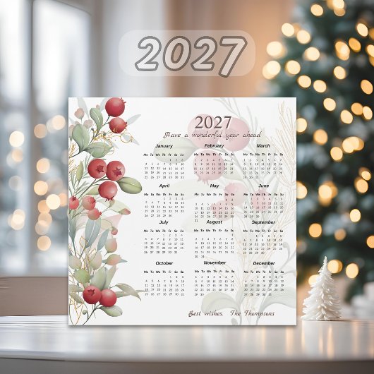 Red Berries Greenery Elegant 2027 Calendar Card Magnetkarte