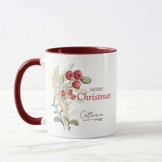 Red Berries Greenery Elegant Name Weihnachten Tasse (Links)