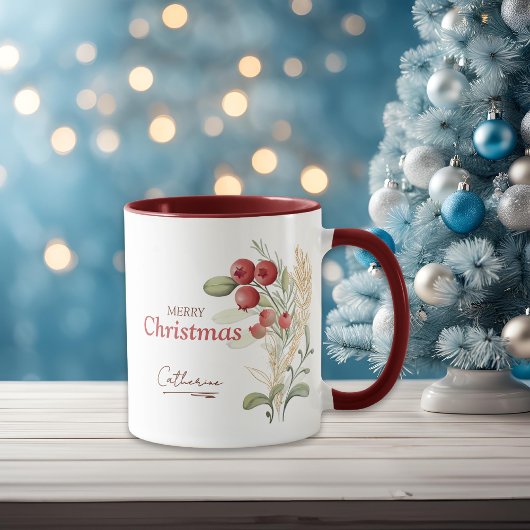 Red Berries Greenery Elegant Name Weihnachten Tasse
