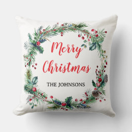 Red Berries Greenery Family Christmas Throw Pillow Kissen