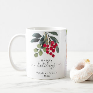 Red Berries Greenery Happy Holidays Custom Foto Kaffeetasse