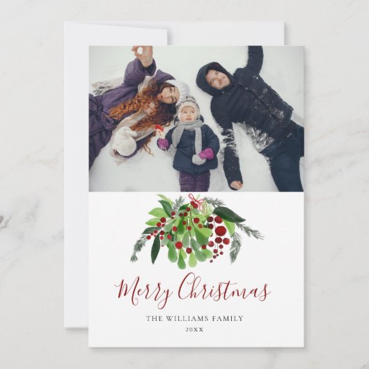Red Berries Greenery Weihnachtsfest Foto Feiertagskarte (Vorderseite)