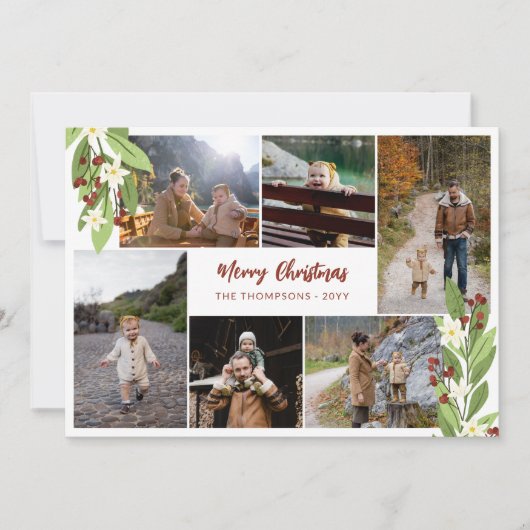 Red Berries Grüne Foto Collage Frohe Weihnachten (Vorderseite)