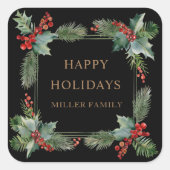 Red Berries Happy Holidays Monogram Quadratischer Aufkleber (Vorderseite)