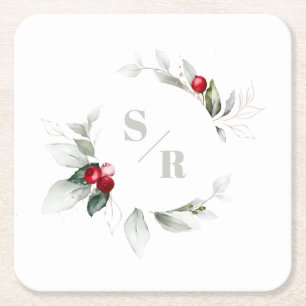 Red Berries Holiday Cheers & Her Monogram Rechteckiger Pappuntersetzer