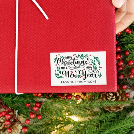 Red Berries Merry Christmas Happy New Year From Rechteckiger Aufkleber