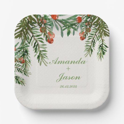Red Berries Pine Cone Weihnachtsfeier Pappteller (Vorderseite)