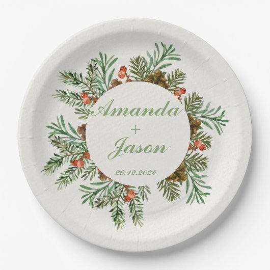 Red Berries Pine Cone Weihnachtsfeier Pappteller (Vorderseite)