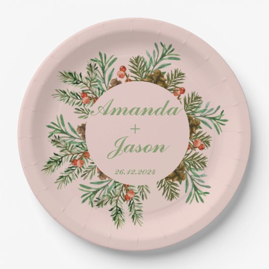 Red Berries Pine Cone Weihnachtsfeier Pappteller (Vorderseite)