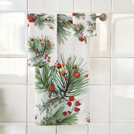 Red Berries & Pine Design Badhandtuch Set