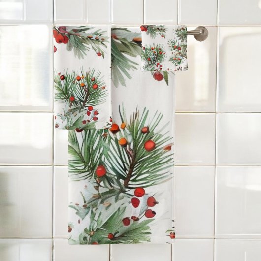 Red Berries & Pine Design Badhandtuch Set
