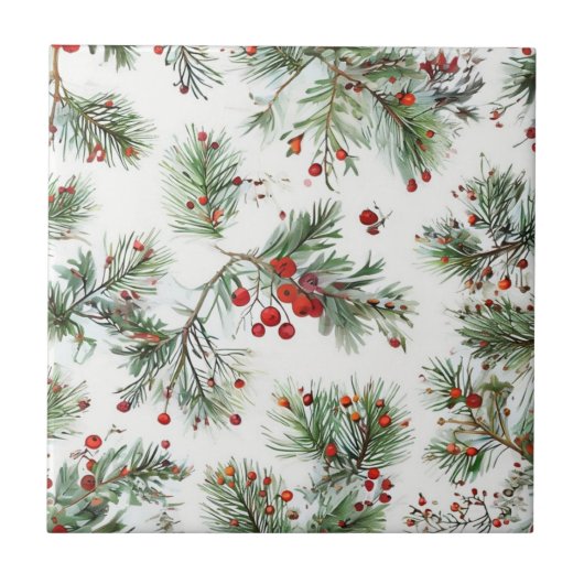Red Berries & Pine Woodland Design Fliese (Vorderseite)