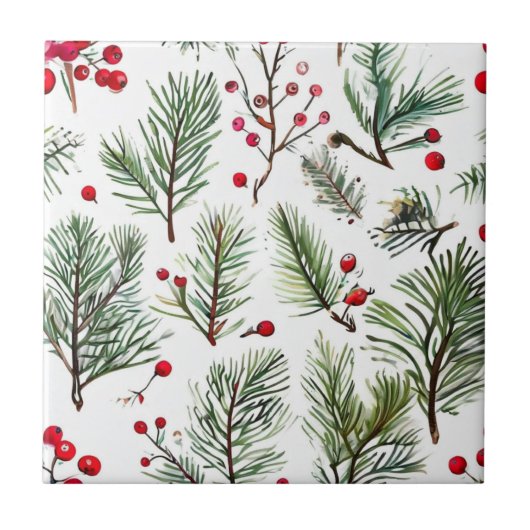 Red Berries & Pine Woodland Design Fliese (Vorderseite)