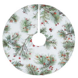 Red Berries & Pine Woodland Design Polyester Weihnachtsbaumdecke