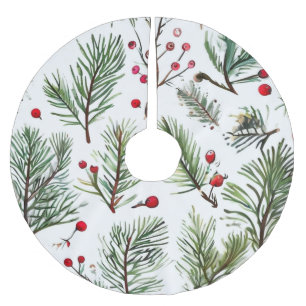 Red Berries & Pine Woodland Design Polyester Weihnachtsbaumdecke