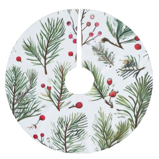Red Berries & Pine Woodland Design Polyester Weihnachtsbaumdecke (Vorderseite)