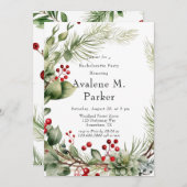 Red Berries Pine Wreath Junggeselinnen-Abschied Einladung (Vorne/Hinten)