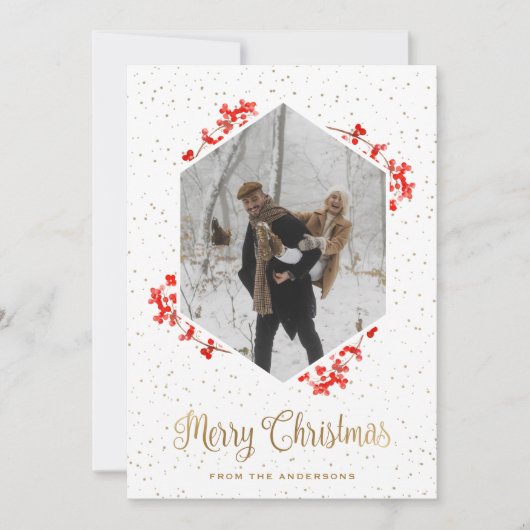 Red Berries Snow Calligrafy Foto Frohe Weihnachten (Vorderseite)