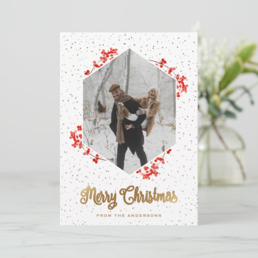 Red Berries Snow Calligrafy Foto Frohe Weihnachten (Stehend Vorderseite)