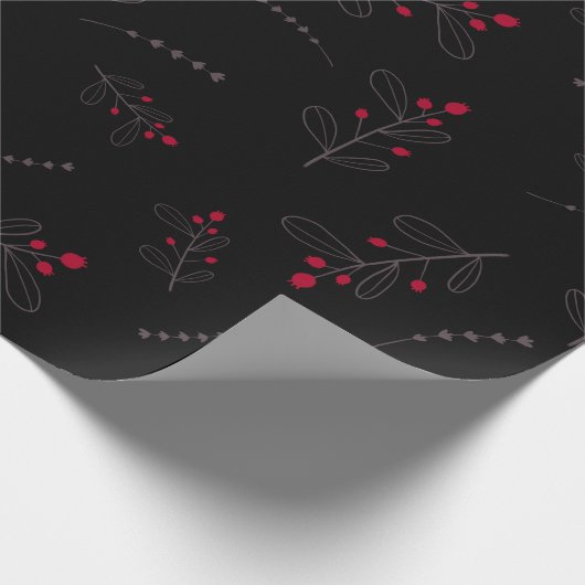 Red Berries und Blätter Weihnachten Schwarz Geschenkpapier (Ecke)