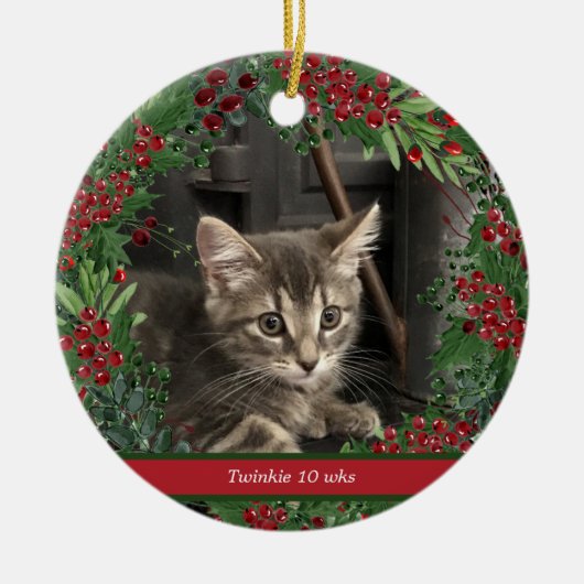 Red Berries und Christmas Grüntöne 2 Foto Haustier Keramik Ornament (Vorne)