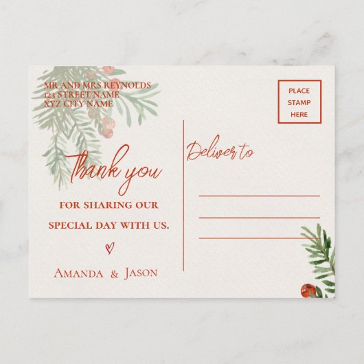 Red Berries Weihnachtsfest Hochzeit Danke Postkarte (Rückseite)