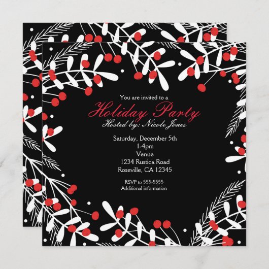 Red Berries & White Blätter Black Holiday Party Einladung (Vorne/Hinten)