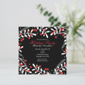 Red Berries & White Blätter Black Holiday Party Einladung (Stehend Vorderseite)