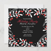 Red Berries & White Blätter Black Holiday Party Einladung (Vorderseite)