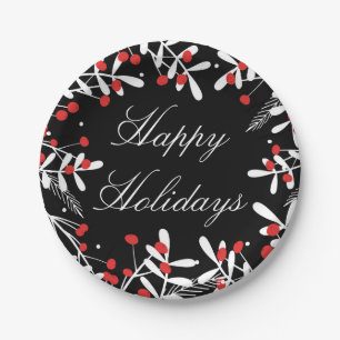 Red Berries & White Blätter Black Holiday Party Pappteller