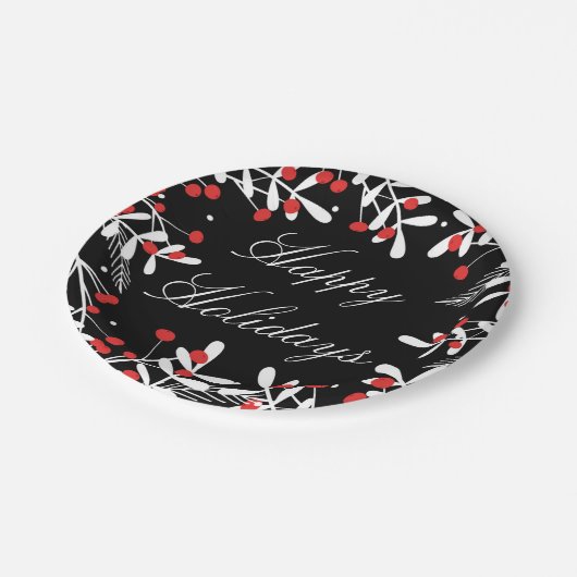 Red Berries & White Blätter Black Holiday Party Pappteller (Schrägansicht)