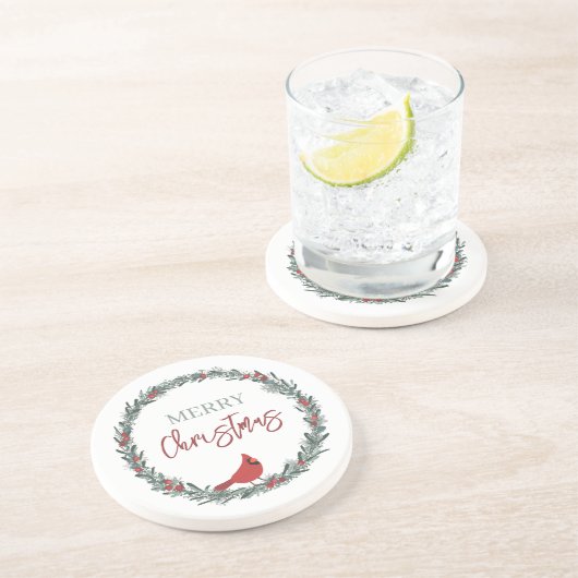 Red Berries Wreath and Red Cardinal Christmas  Getränkeuntersetzer (Seite)