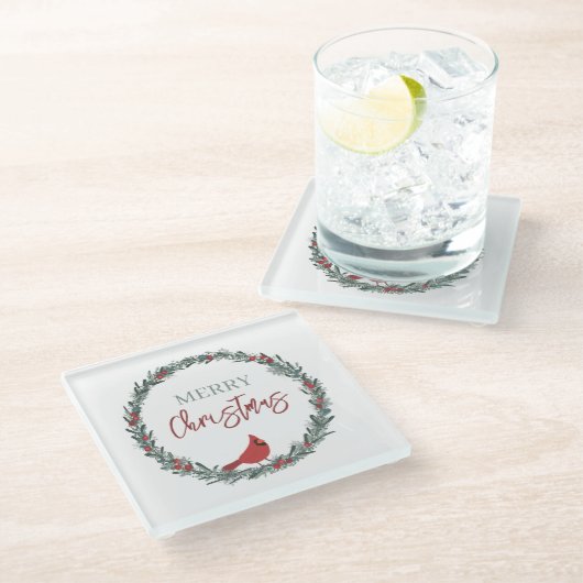 Red Berries Wreath and Red Cardinal Christmas Glasuntersetzer (Schrägansicht)