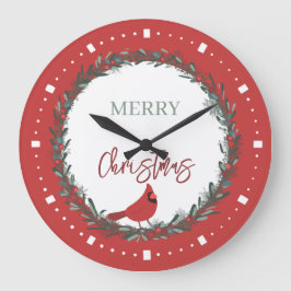 Red Berries Wreath and Red Cardinal Christmas Große Wanduhr
