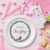 Red Berries Wreath and Red Cardinal Christmas Pappteller (Party)