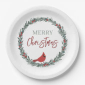 Red Berries Wreath and Red Cardinal Christmas Pappteller (Vorderseite)
