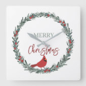 Red Berries Wreath and Red Cardinal Christmas Quadratische Wanduhr (Vorderseite)