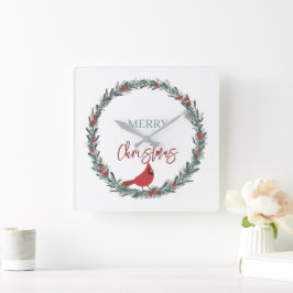 Red Berries Wreath and Red Cardinal Christmas Quadratische Wanduhr