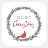 Red Berries Wreath and Red Cardinal Christmas  Quadratischer Aufkleber (Vorderseite)