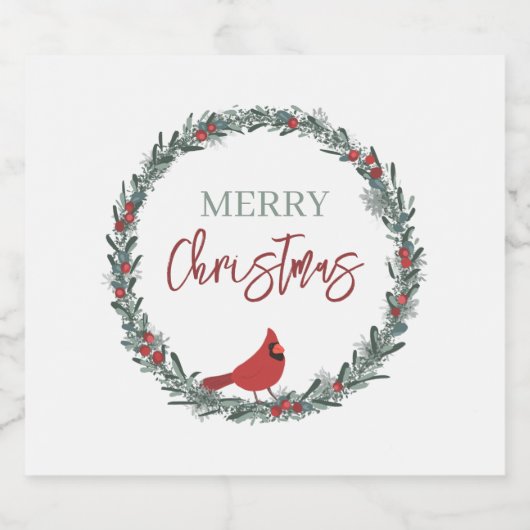 Red Berries Wreath and Red Cardinal Christmas Schaumweinetikett (Einzelnes Label)