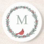 Red Berries Wreath and Red Cardinal Monogram  Getränkeuntersetzer (Vorne)