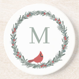 Red Berries Wreath and Red Cardinal Monogram Getränkeuntersetzer