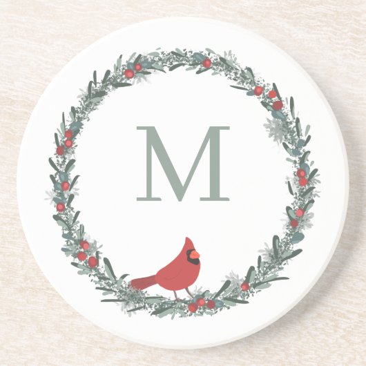 Red Berries Wreath and Red Cardinal Monogram Getränkeuntersetzer (Vorne)