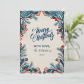 Red Berry & Blue Pine Christmas Feiertagskarte (Stehend Vorderseite)