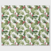 Red Berry Christmas Green Blätter Pattern Geschenkpapier (Flach)