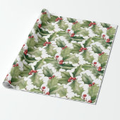 Red Berry Christmas Green Blätter Pattern Geschenkpapier (Ungerollt)