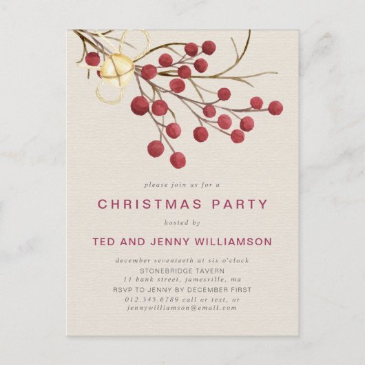 Red Berry Christmas Party Einladung Postcard (Vorderseite)