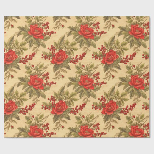Red Berry Christmas Vintag Pattern Geschenkpapier (Flach)